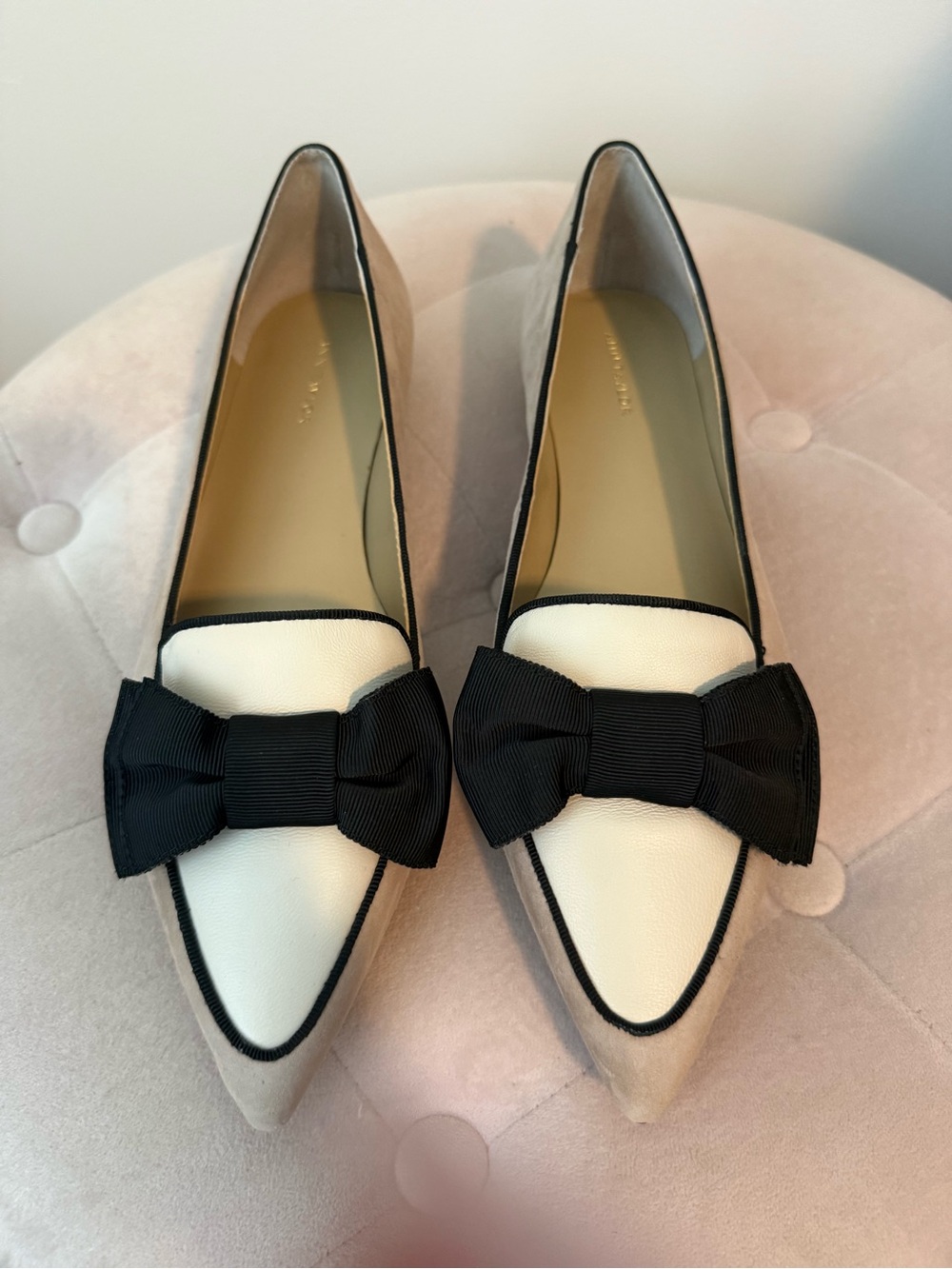 Ann Taylor Two-Tone Pointed Bow Flats in Cream, Black and Taupe NWT